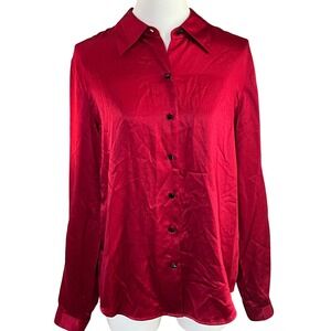 Liz Claiborne Red Silk Micro Print Button Front‎ Blouse Officecore Old Money 8